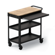 Black metal cart with a wooden top on a white background
