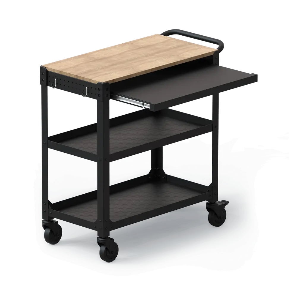 Black metal cart with a wooden top on a white background