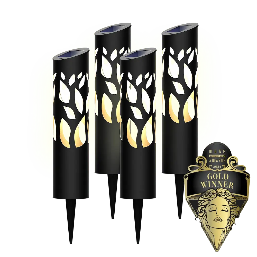Set of four black solar-powered garden torches with leaf pattern and a 'Gold Winner' award badge on a white background.