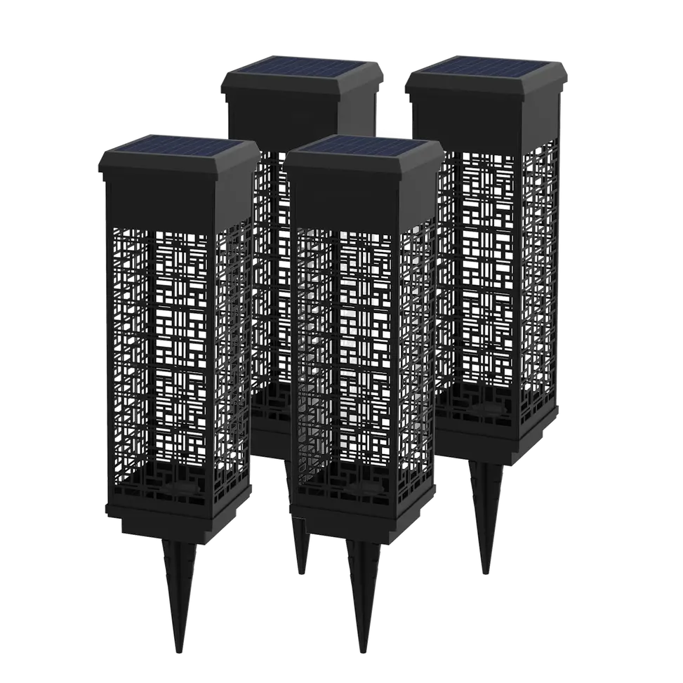 Four black solar-powered outdoor lights with geometric patterns on a white background