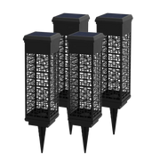 Four black solar-powered outdoor lights with geometric patterns on a white background