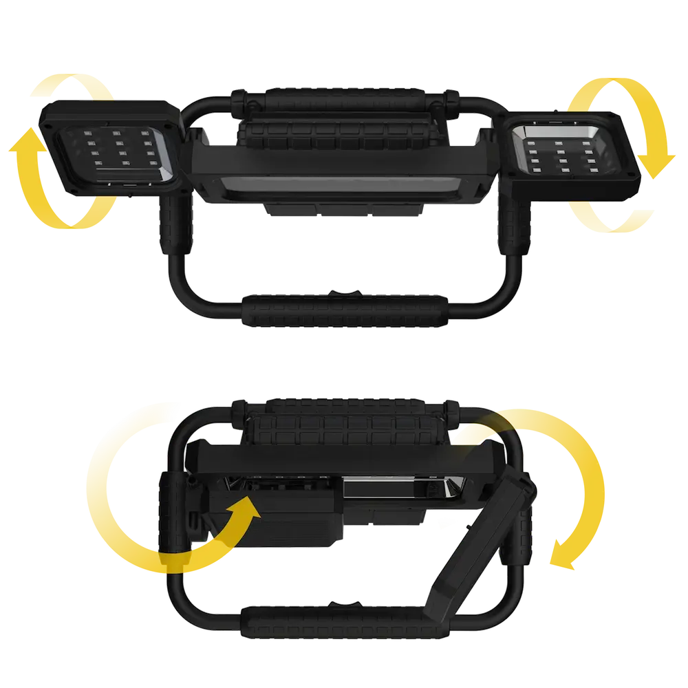 Black LED work light with two adjustable arms on a white background